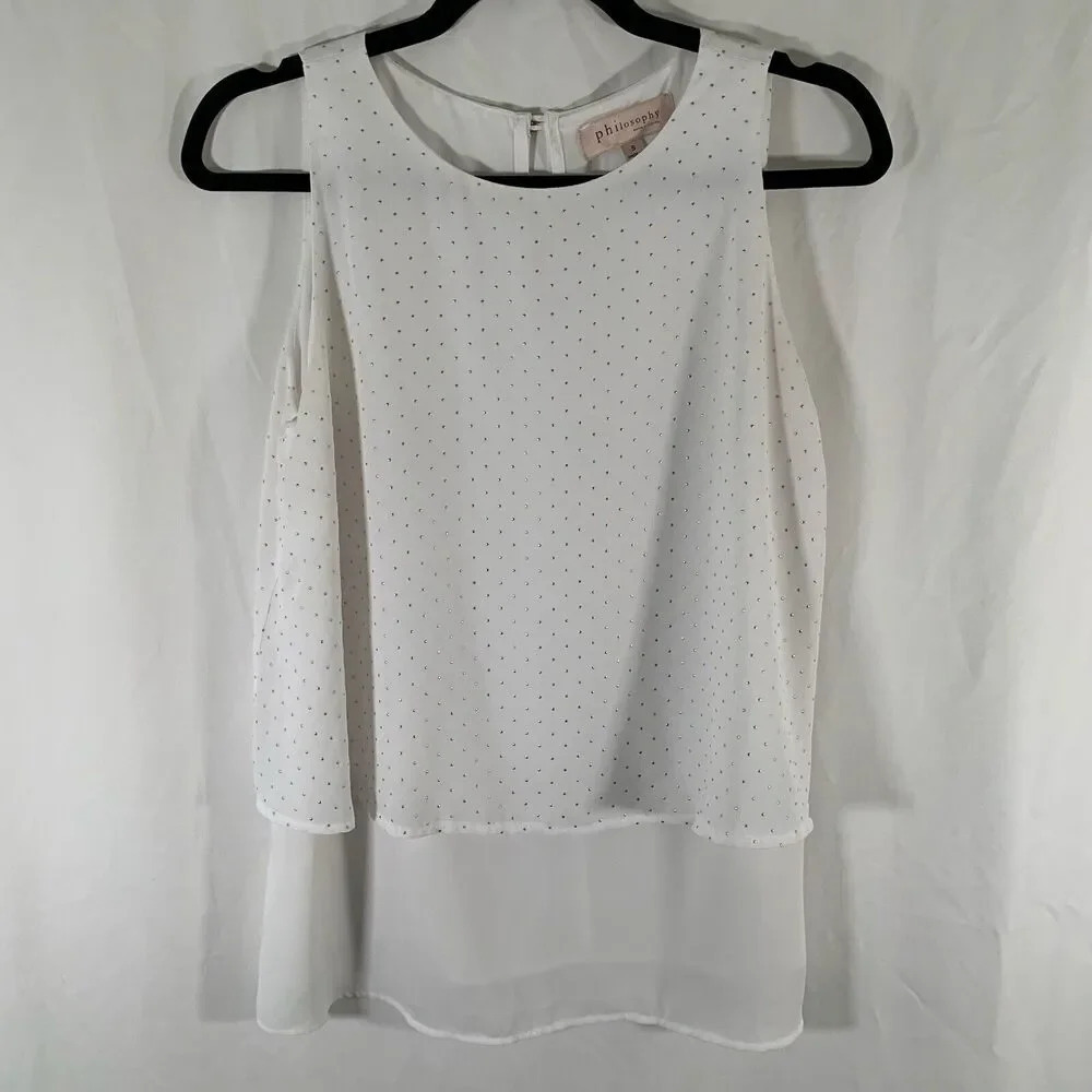 Philosophy Tank Top Women's Small White Gold Polka Dot Sleeveless Blouse